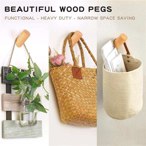 Wood Wall Hooks, 4 Pack Coat Hooks Mounted Rustic Wooden Heavy Duty Robe Hook - Picture 3 of 7